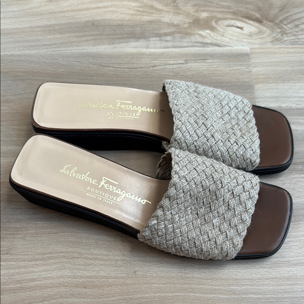 Salvatore Ferragamo Brown and Cream Sandals with Woven Design